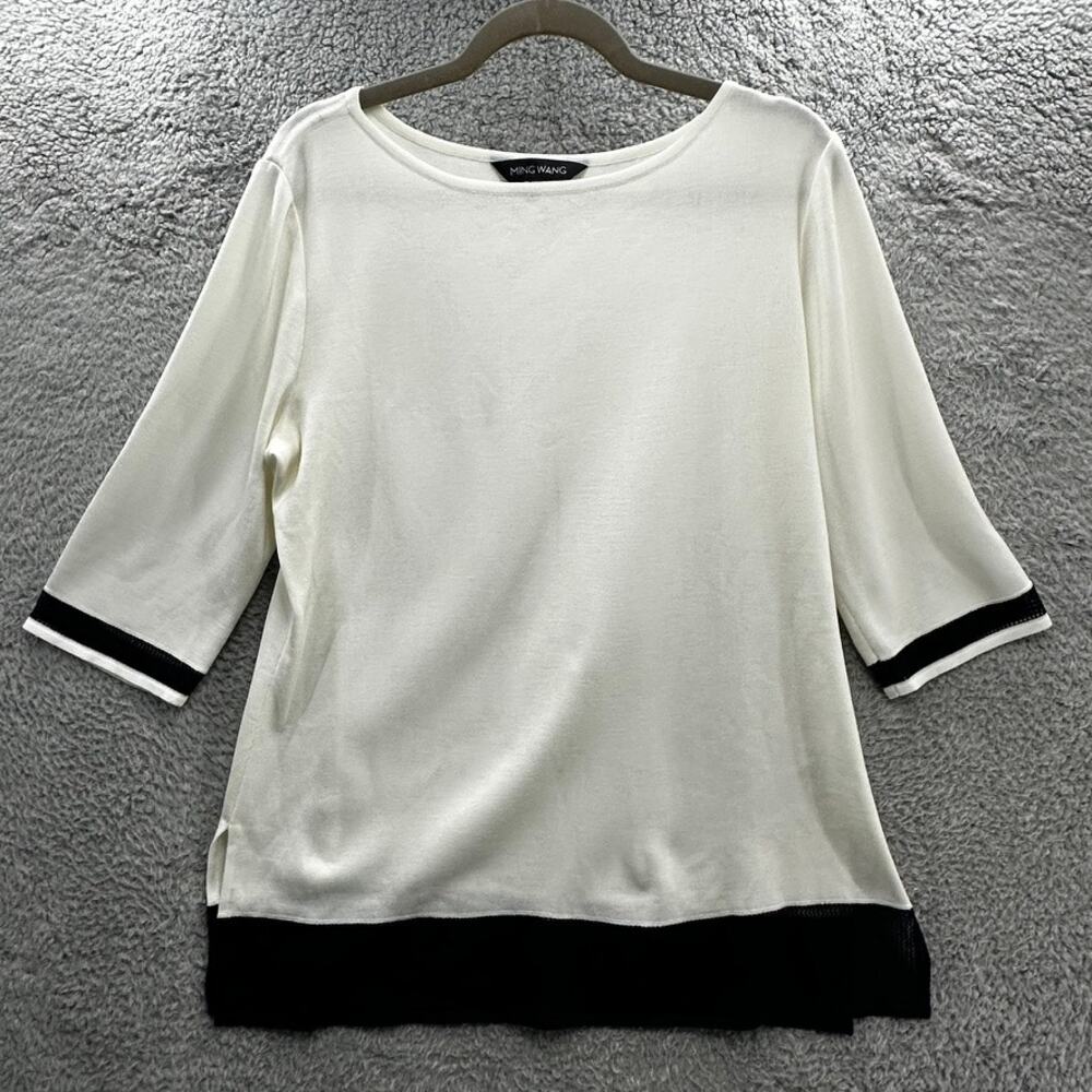 Ming Wang Women's XL White Blouse Black Mesh Trim